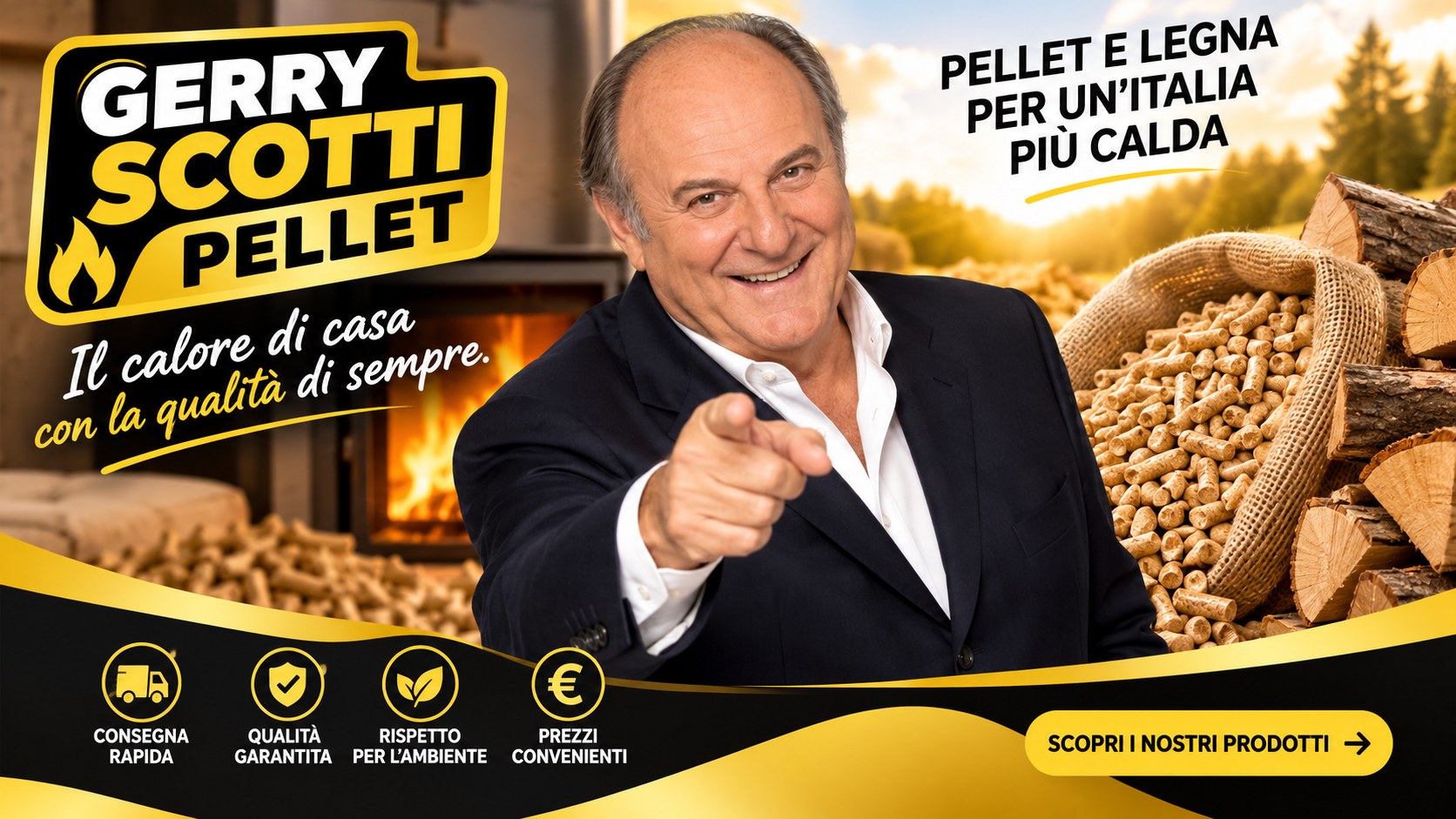Banner promozionale Gerry Scotti Pellet con pellet e legna